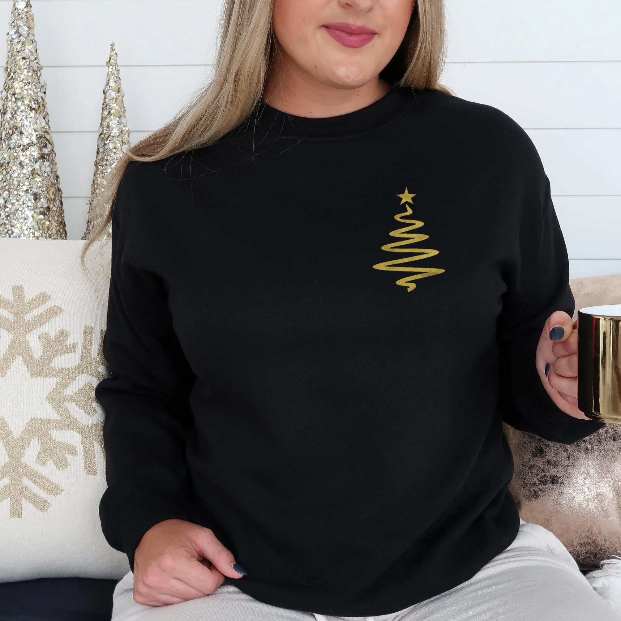 Gold Christmas Tree Ladies Black Sweatshirt