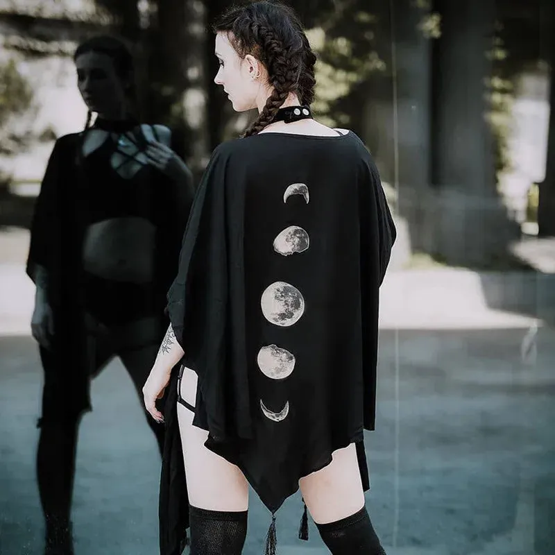 Gothic Black Retro Moon Print Tassel Cloak for Women