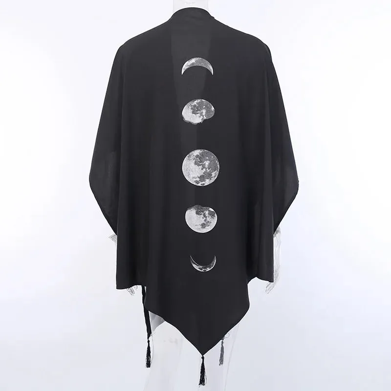Gothic Black Retro Moon Print Tassel Cloak for Women