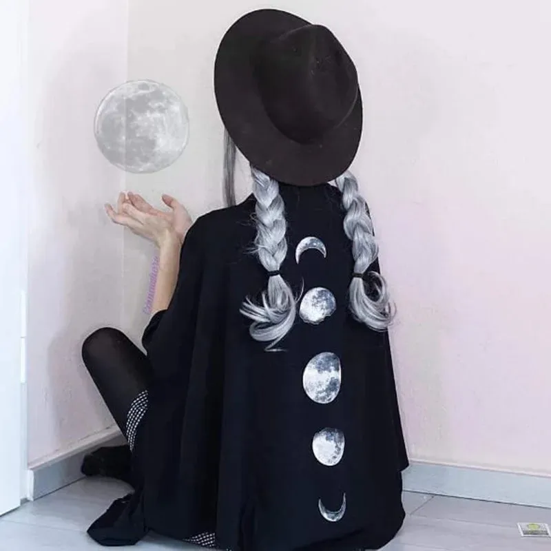 Gothic Black Retro Moon Print Tassel Cloak for Women