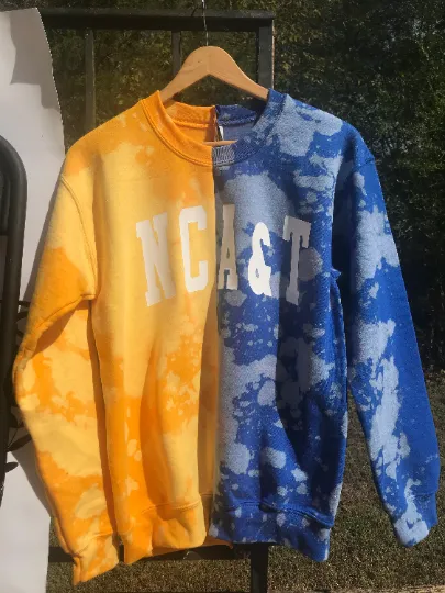 Handmade NCAT NC A&T Gold Royal or Navy Blue Hand Bleached Half and Half Crew Neck Unisex Sweatshirt