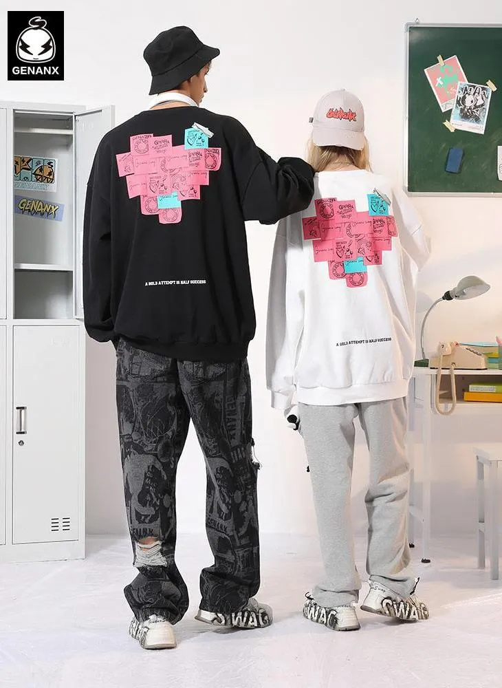 Heart Sticky Notes Funny Print Crew Neck Sweatshirt