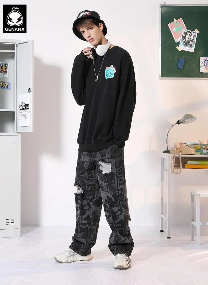 Heart Sticky Notes Funny Print Crew Neck Sweatshirt