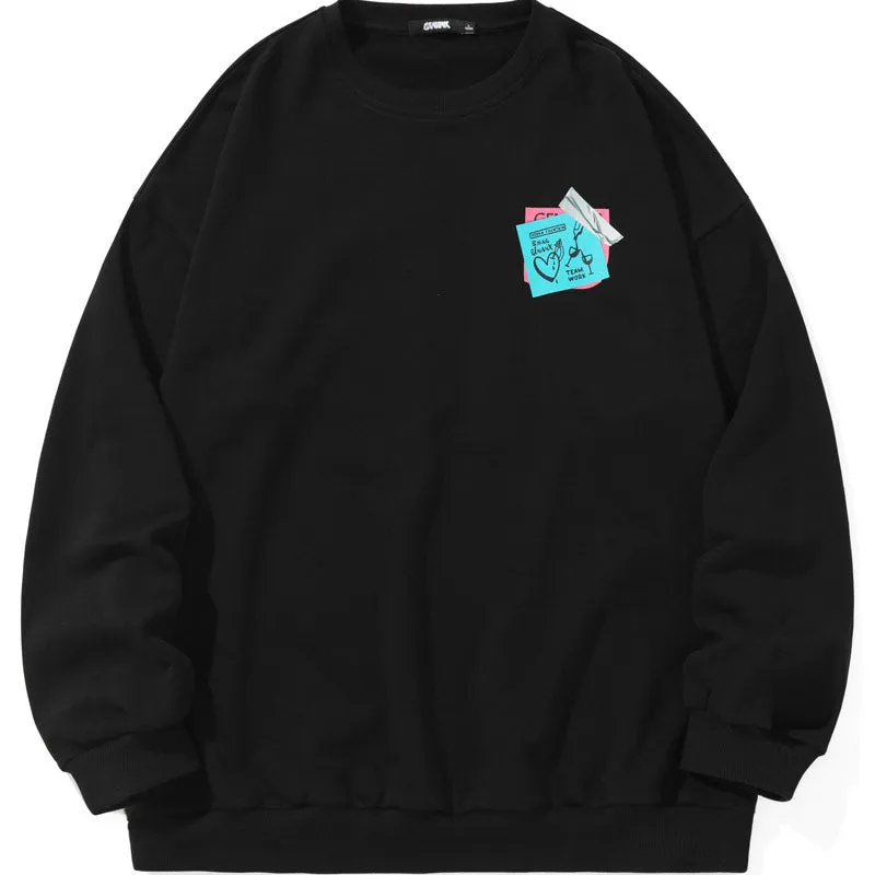 Heart Sticky Notes Funny Print Crew Neck Sweatshirt