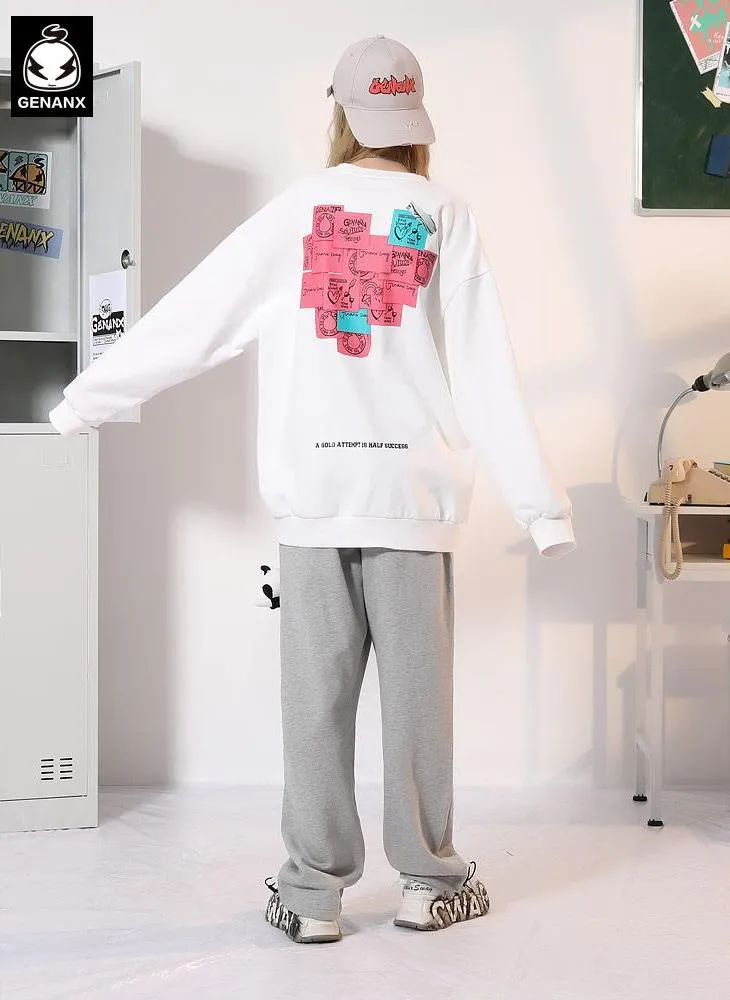 Heart Sticky Notes Funny Print Crew Neck Sweatshirt