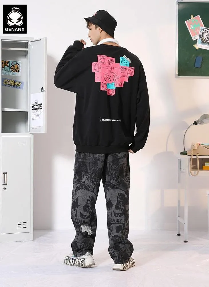 Heart Sticky Notes Funny Print Crew Neck Sweatshirt