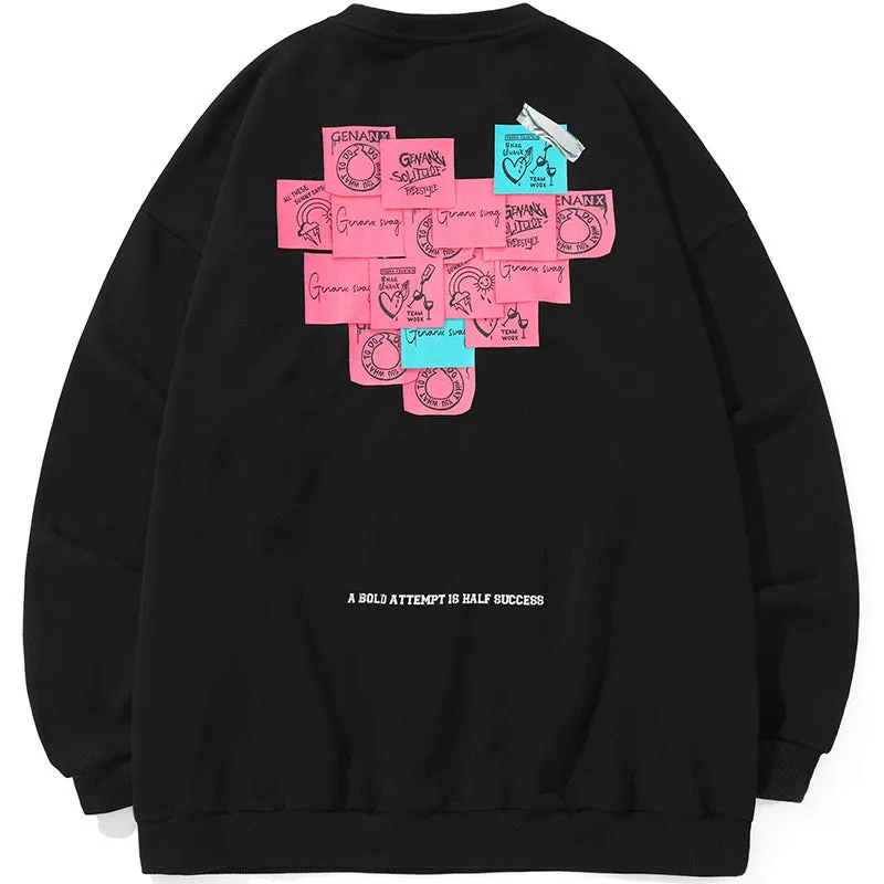 Heart Sticky Notes Funny Print Crew Neck Sweatshirt