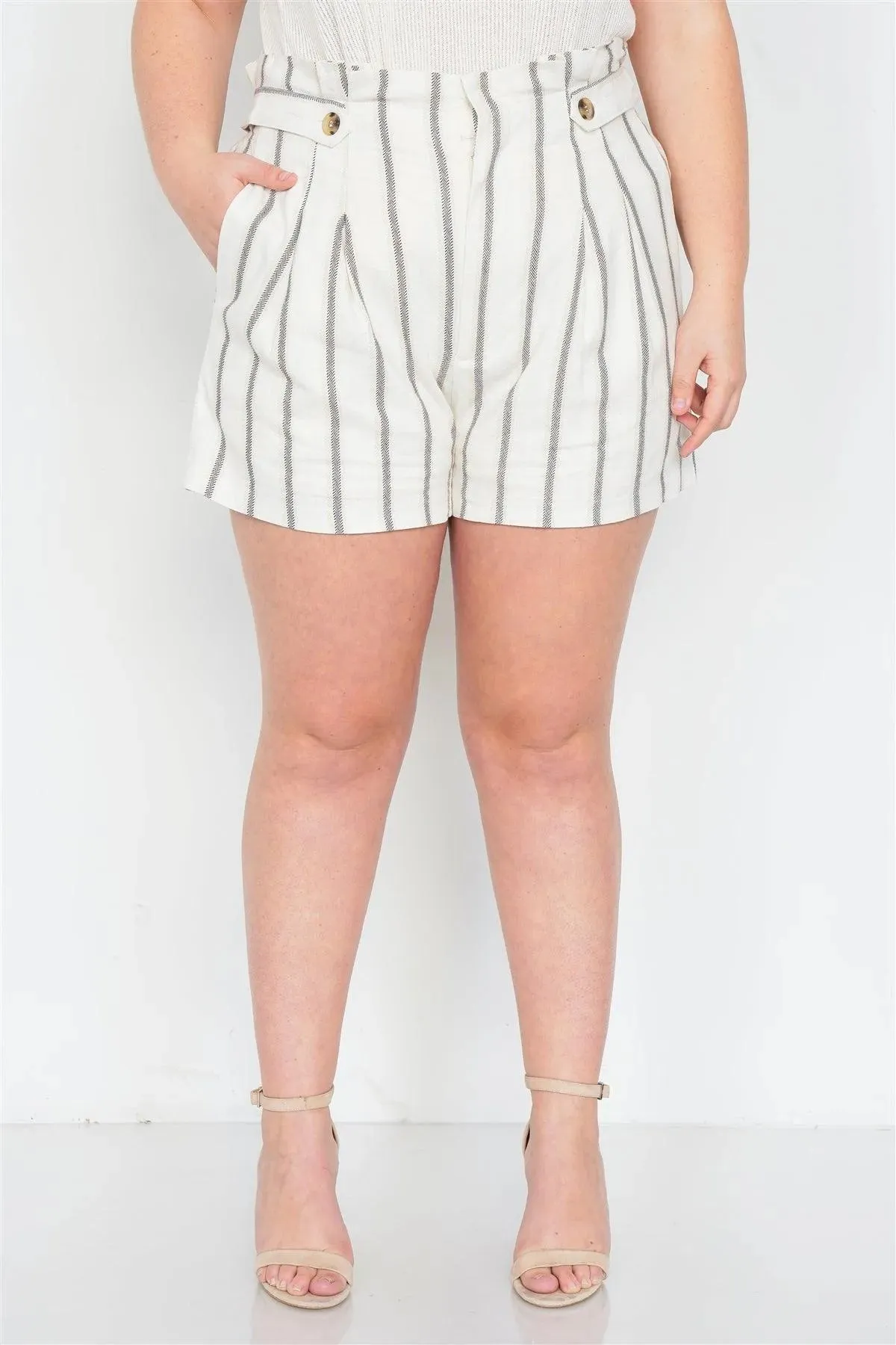 Junior Plus Size Mixed Linen Beige Brown High-Waisted Boho Chic Shorts /1-2-2-1