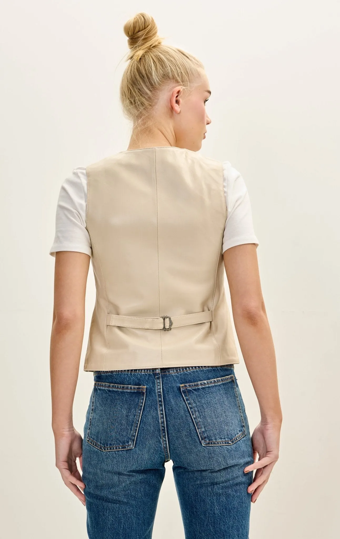 Lambskin Leather Covered Buttons Vest - Beige