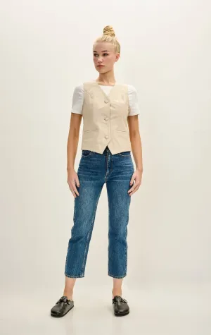 Lambskin Leather Covered Buttons Vest - Beige