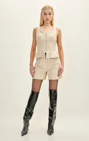 Lambskin Leather Full Button Closure Top - Beige