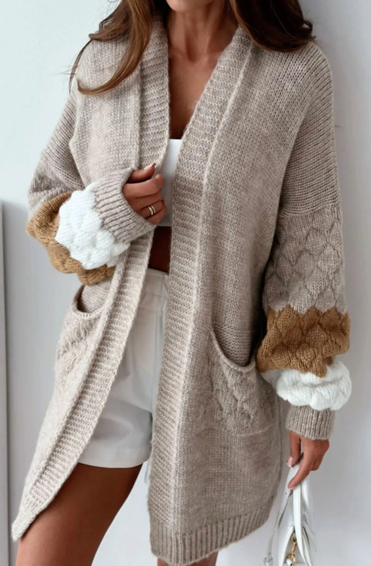 LMA Demi Contrast Longline Chunky Beige Cardigan