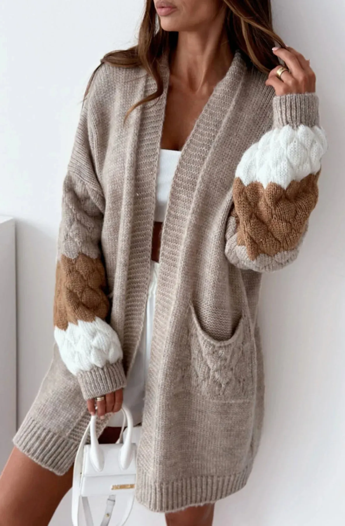 LMA Demi Contrast Longline Chunky Beige Cardigan