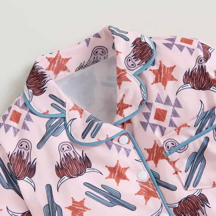 Long Sleeve Pink Cow Print Button-Down Pajamas