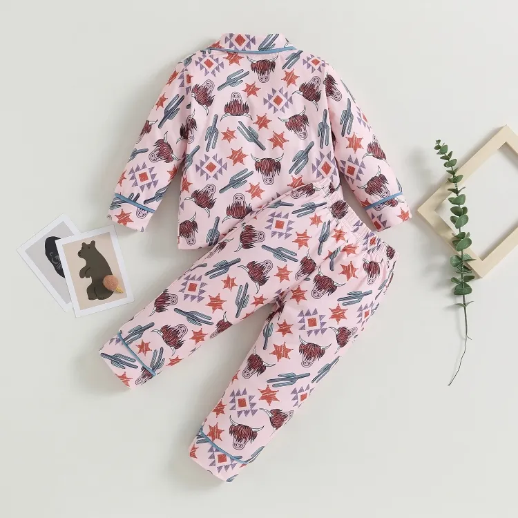 Long Sleeve Pink Cow Print Button-Down Pajamas