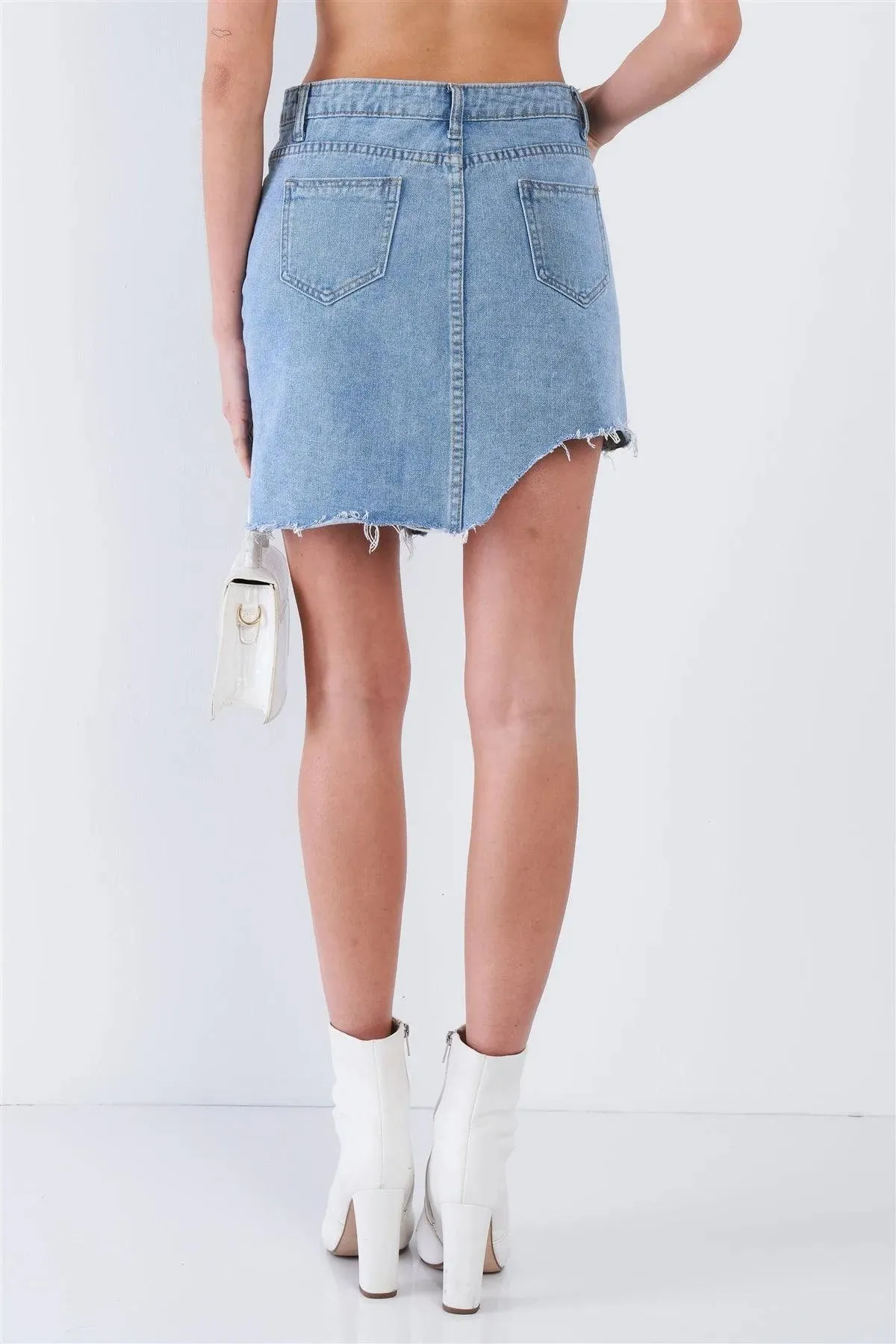 Medium Blue Washed Asymmetrical Raw Cut Hem Mini Skirt / 1-3-2