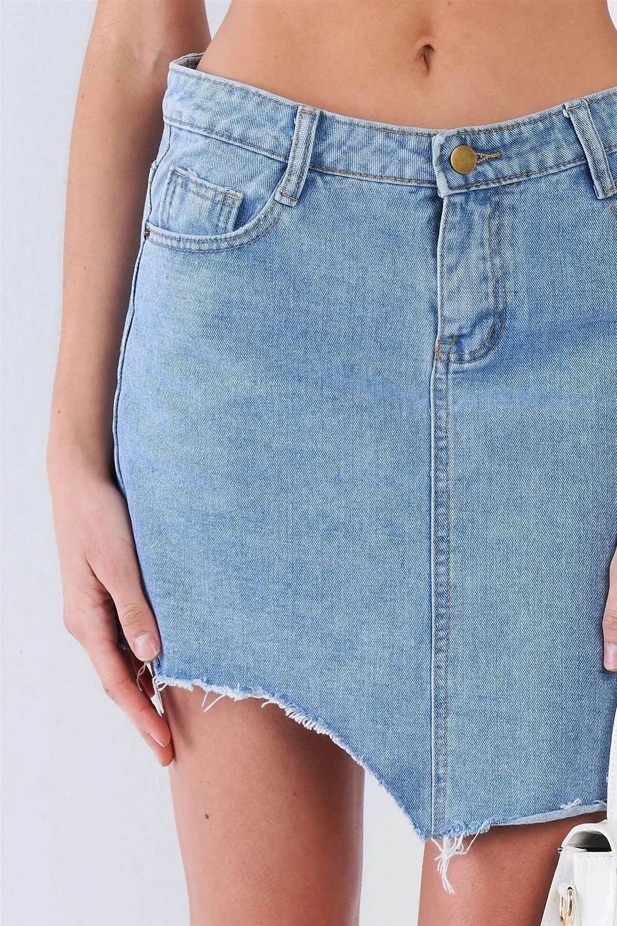 Medium Blue Washed Asymmetrical Raw Cut Hem Mini Skirt / 1-3-2