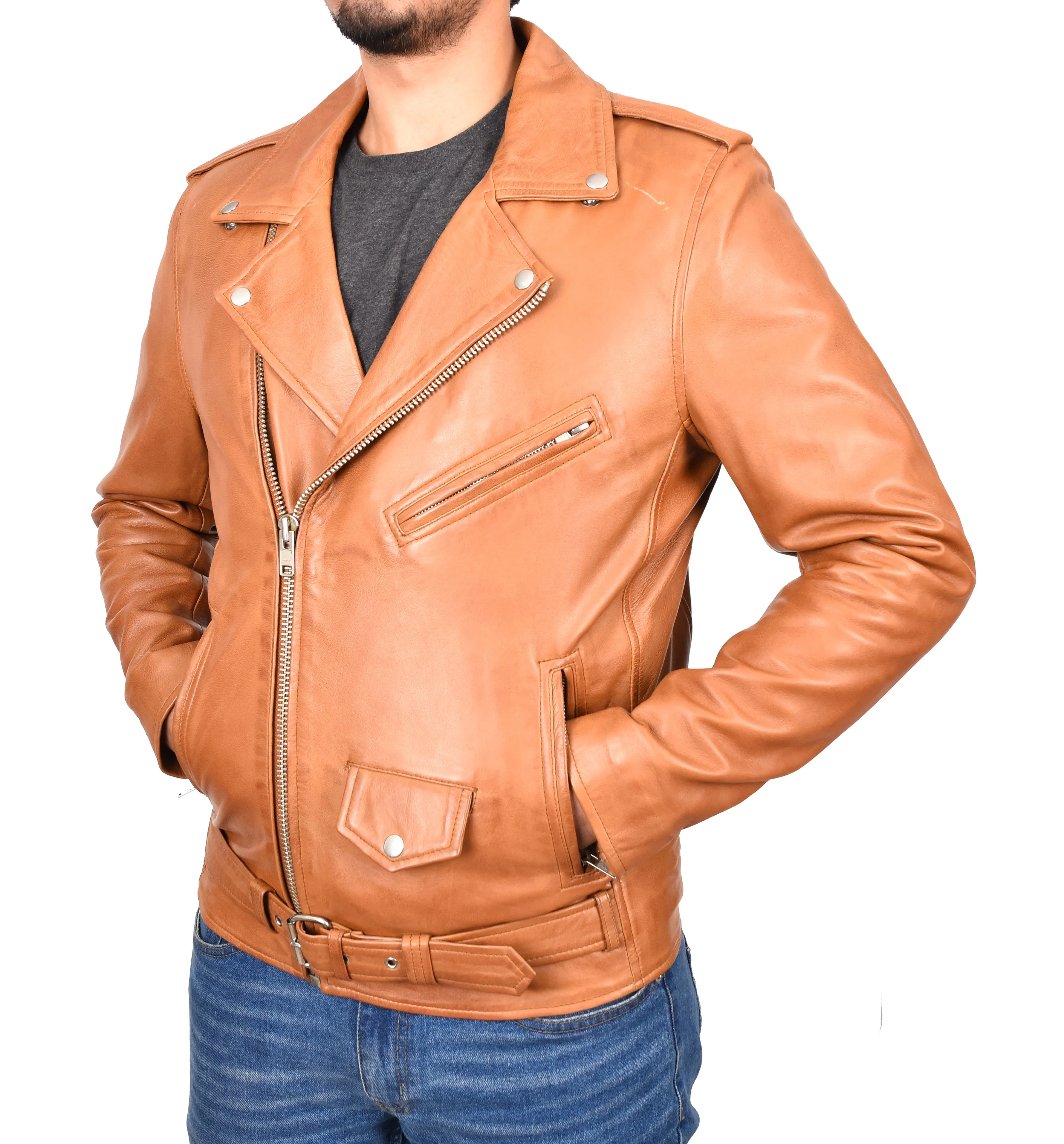 Men's Brando Biker Real Leather Zip Jacket Tan Razzel