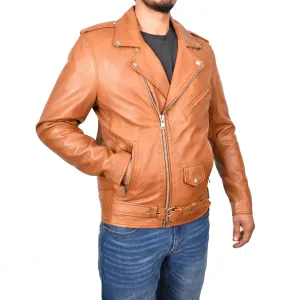 Men's Brando Biker Real Leather Zip Jacket Tan Razzel
