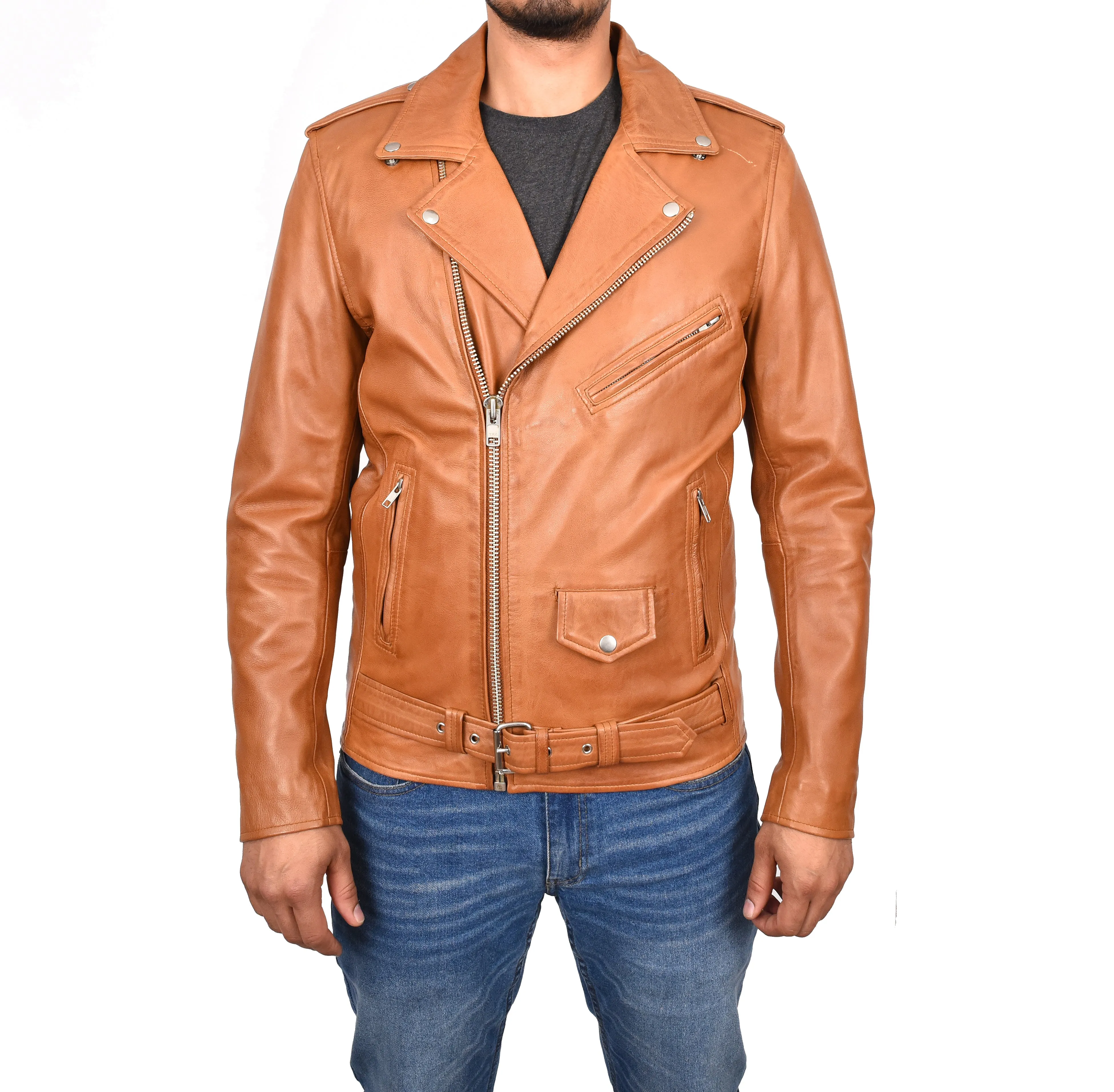 Men's Brando Biker Real Leather Zip Jacket Tan Razzel