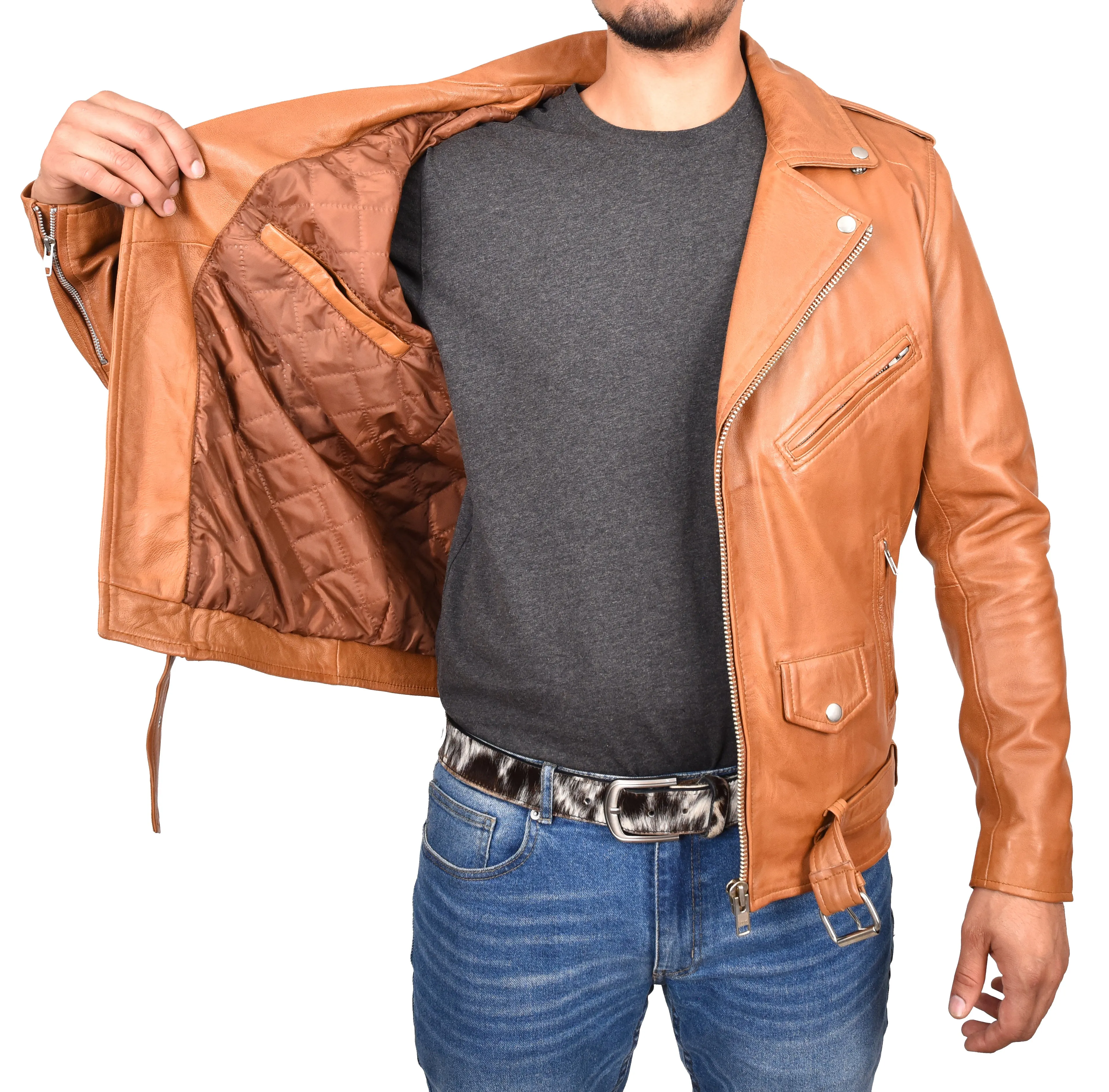 Men's Brando Biker Real Leather Zip Jacket Tan Razzel