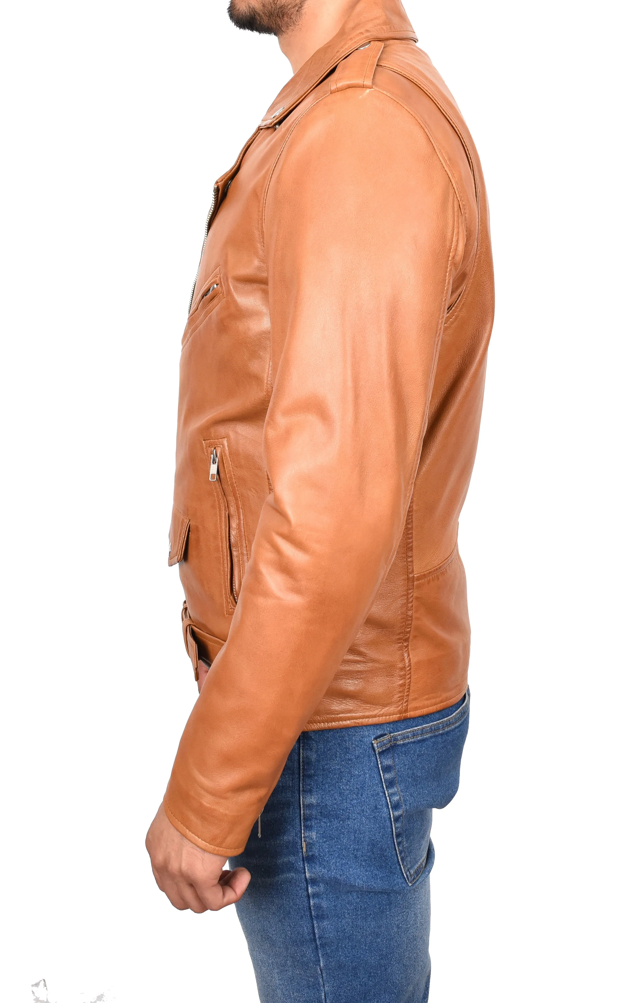 Men's Brando Biker Real Leather Zip Jacket Tan Razzel