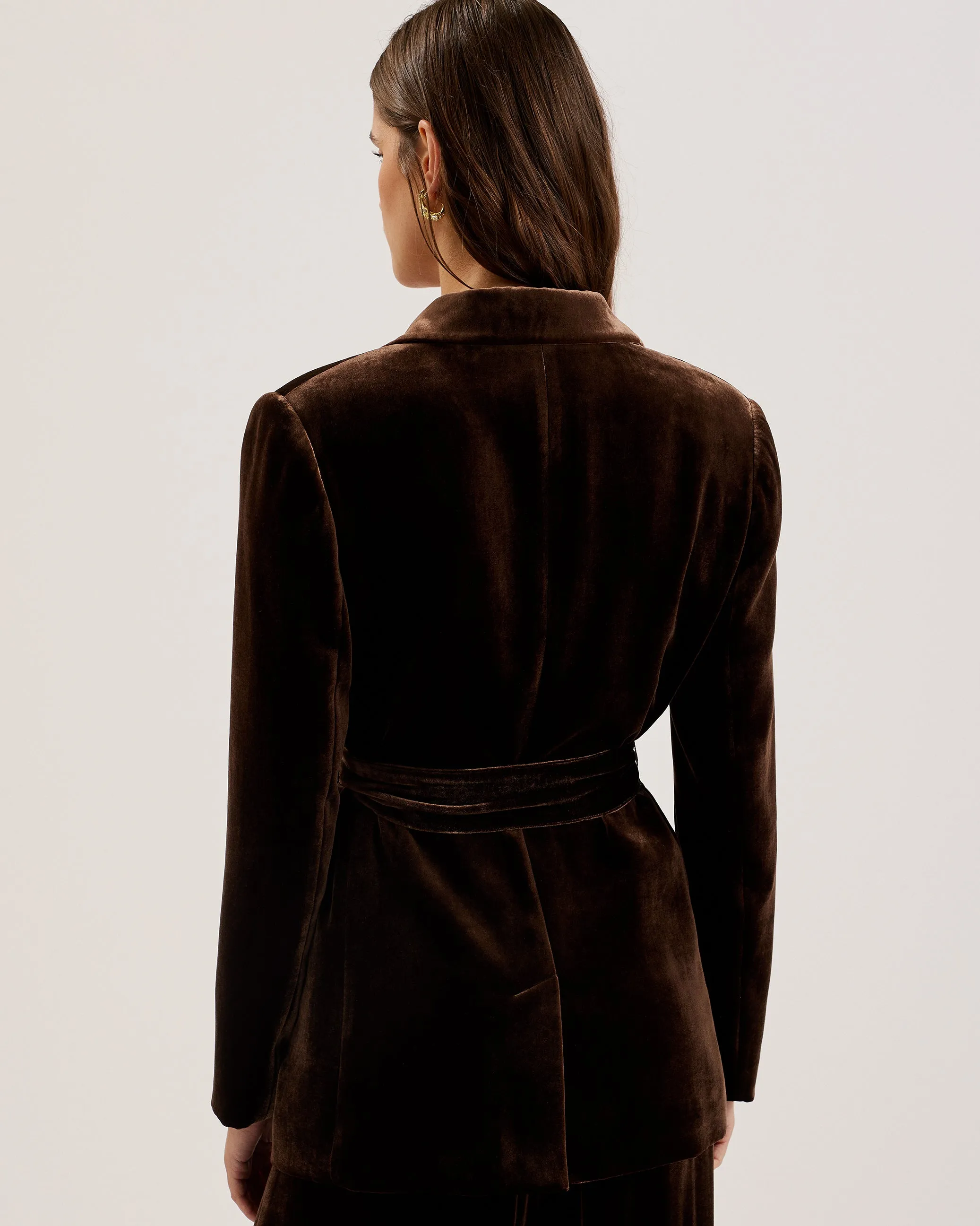 Momiji Single Breasted Silk Velvet Belted Blazer Brown