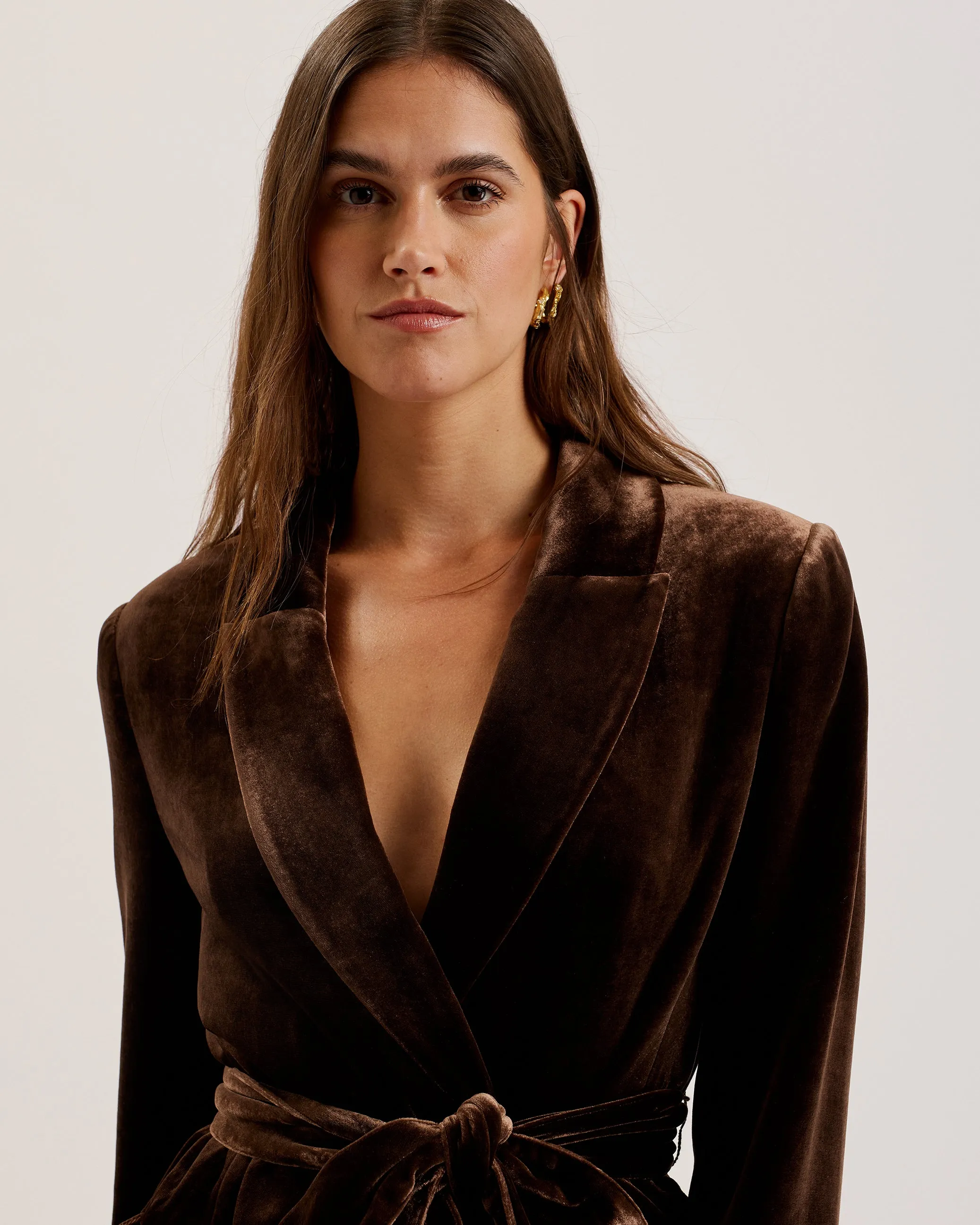 Momiji Single Breasted Silk Velvet Belted Blazer Brown