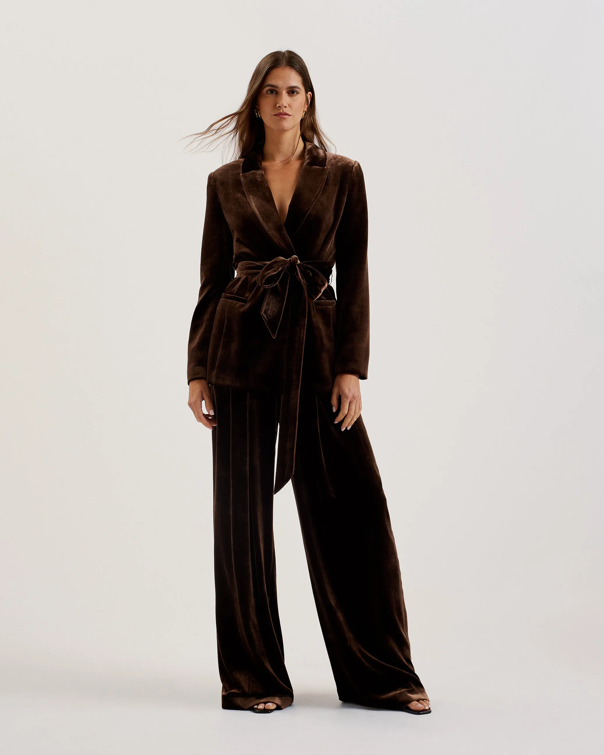 Momiji Single Breasted Silk Velvet Belted Blazer Brown