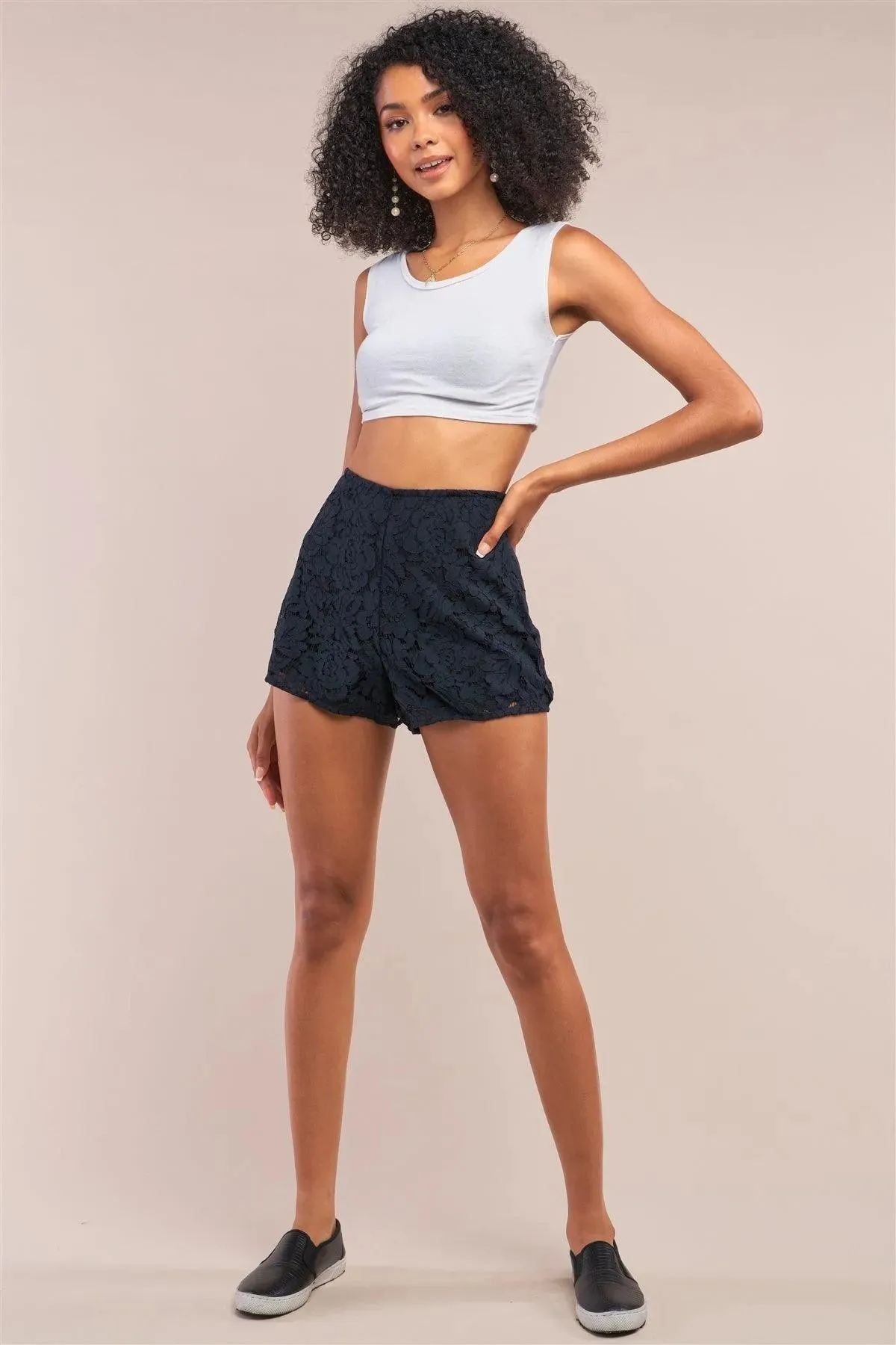 Navy Boho Crochet High Wasted Lined Mini Shorts /1-2-2-1