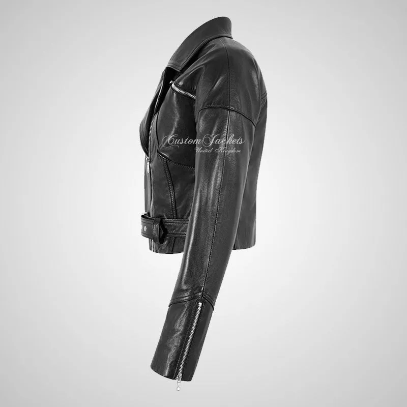 NELLA Ladies Cropped Biker Leather Jacket Black
