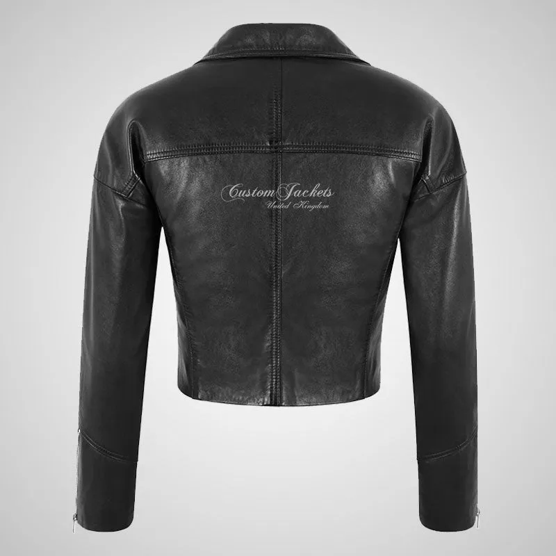 NELLA Ladies Cropped Biker Leather Jacket Black