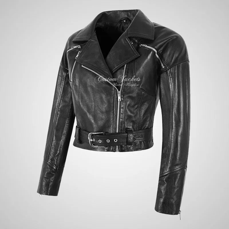 NELLA Ladies Cropped Biker Leather Jacket Black