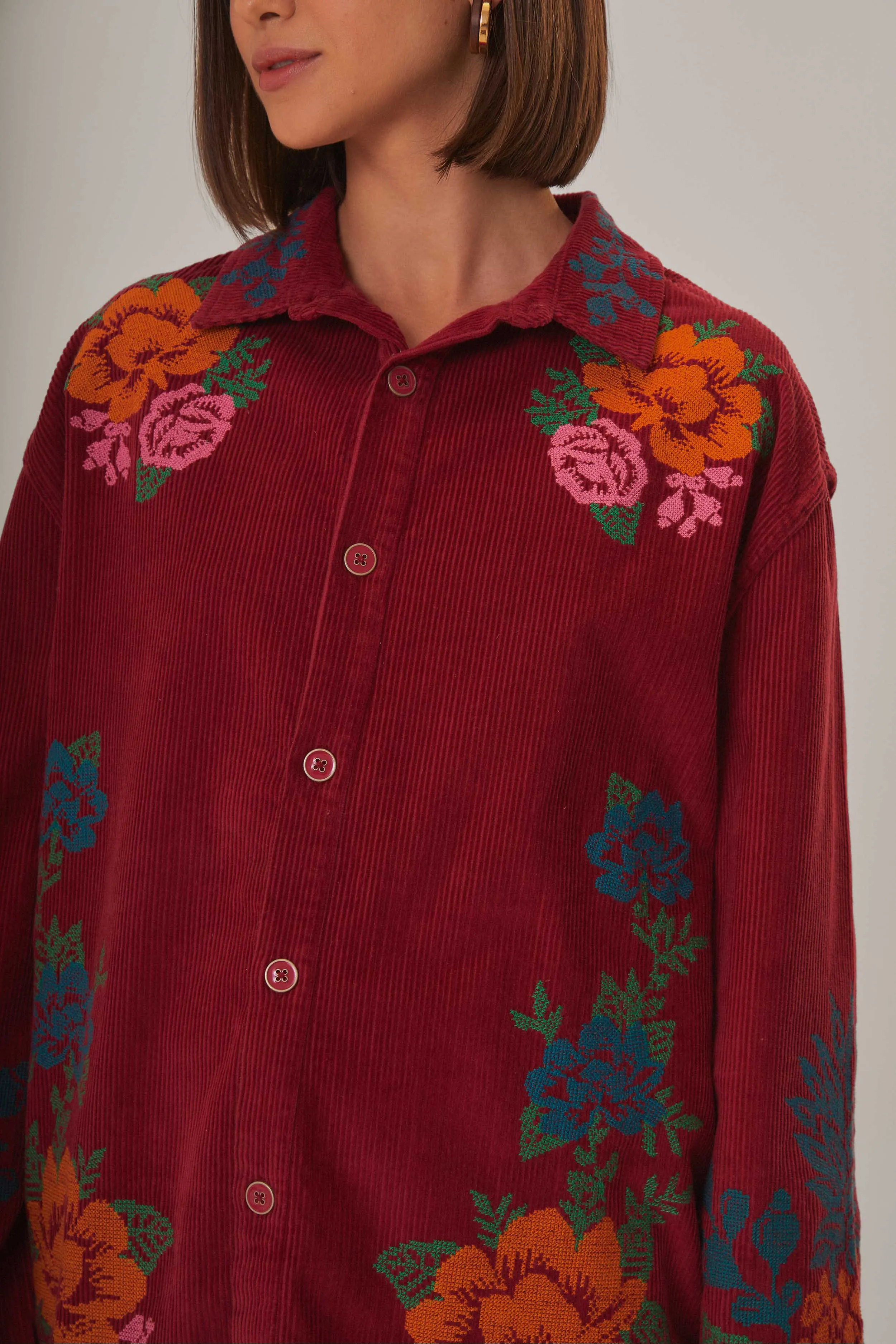 Pink Corduroy Embroidered Shirt
