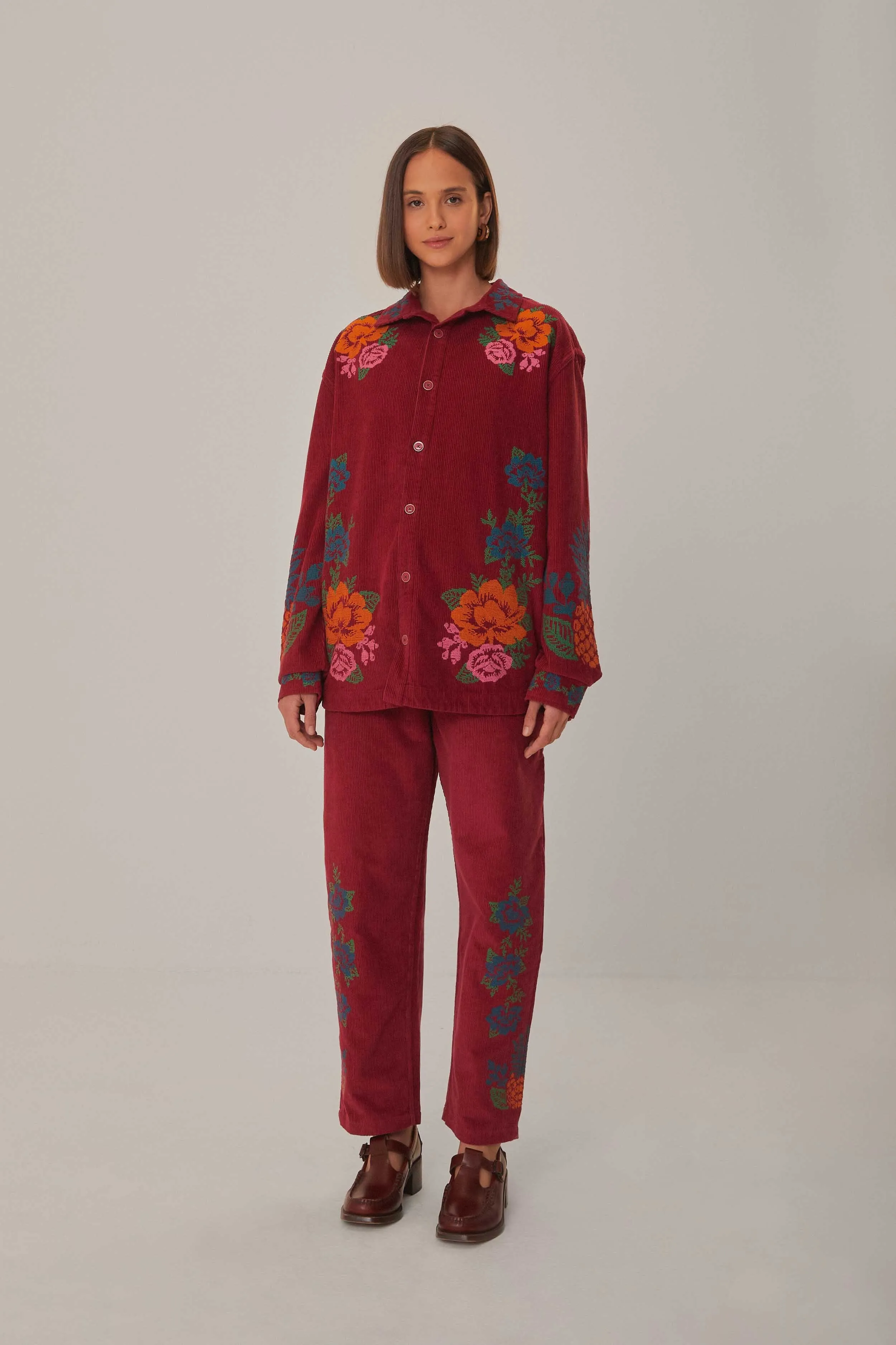 Pink Corduroy Embroidered Shirt