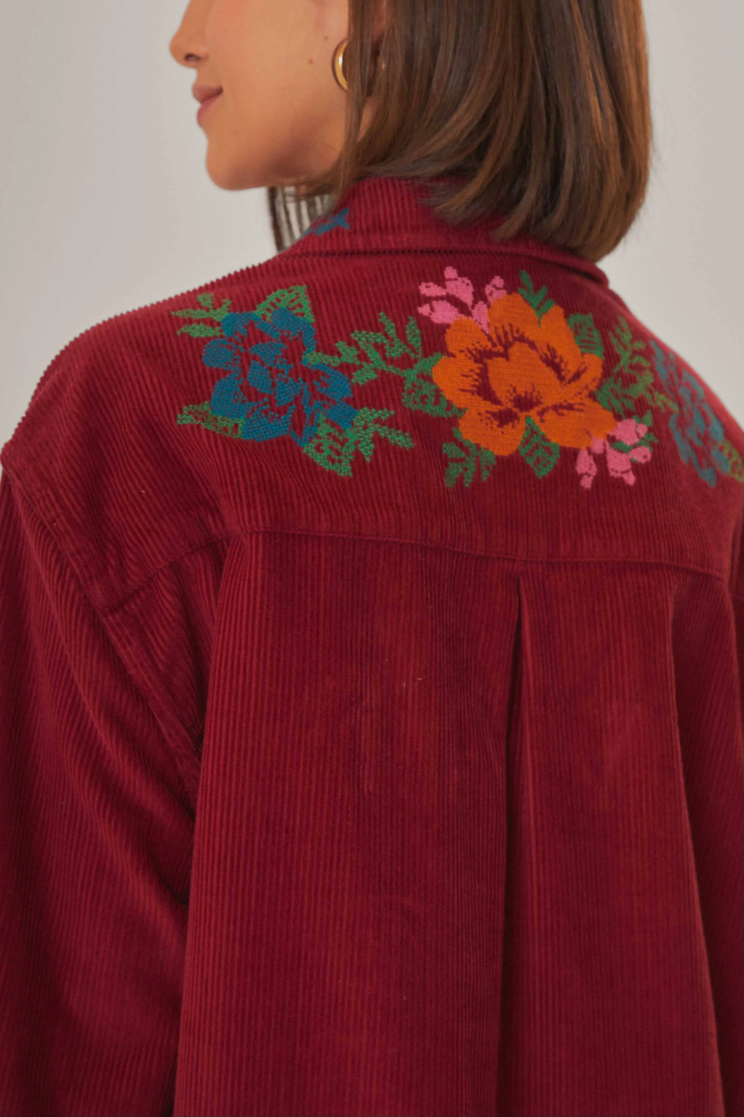 Pink Corduroy Embroidered Shirt