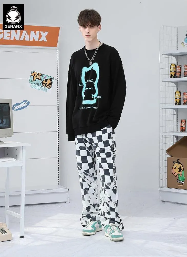 Plain Letter Graffiti Print Crew Neck Knit Sweatshirt
