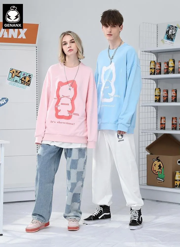 Plain Letter Graffiti Print Crew Neck Knit Sweatshirt