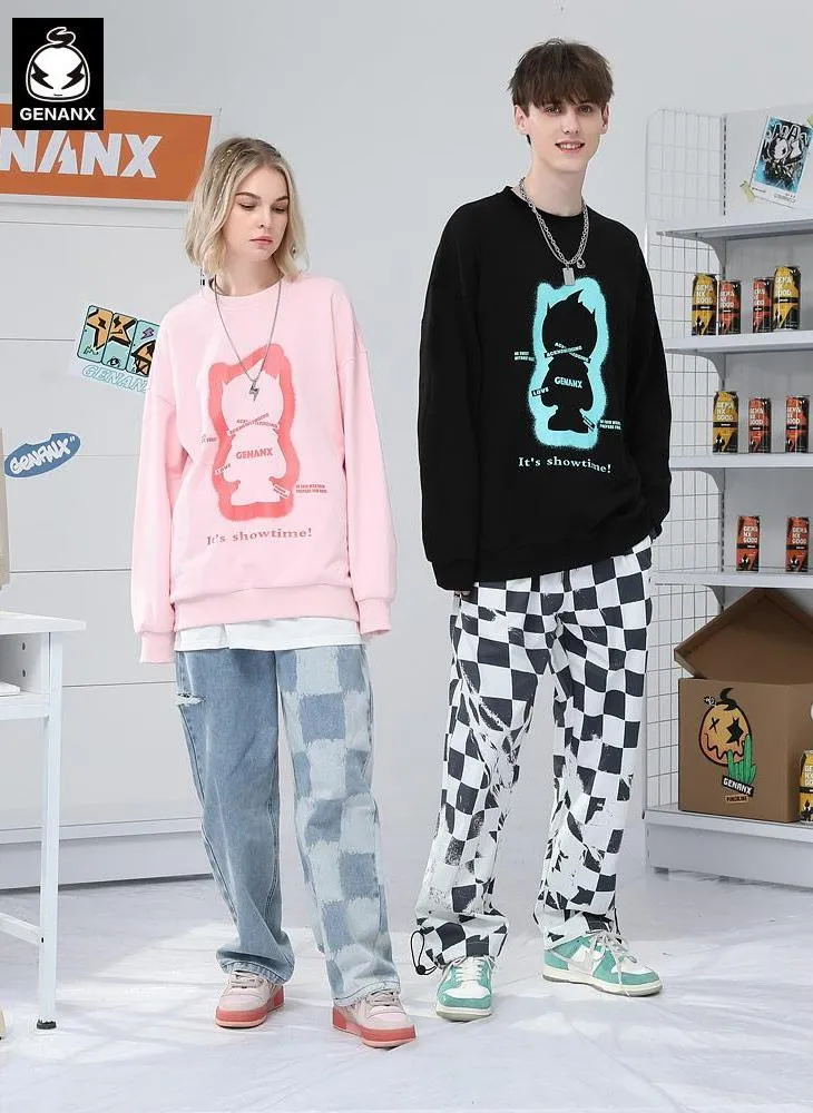Plain Letter Graffiti Print Crew Neck Knit Sweatshirt