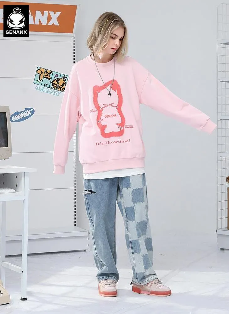 Plain Letter Graffiti Print Crew Neck Knit Sweatshirt