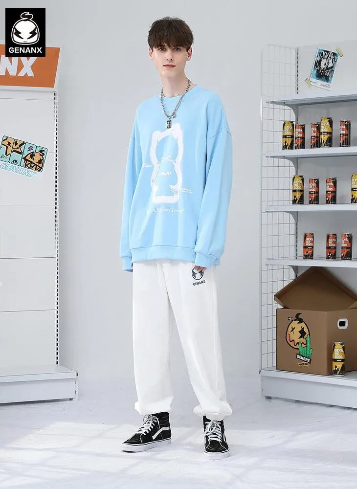 Plain Letter Graffiti Print Crew Neck Knit Sweatshirt