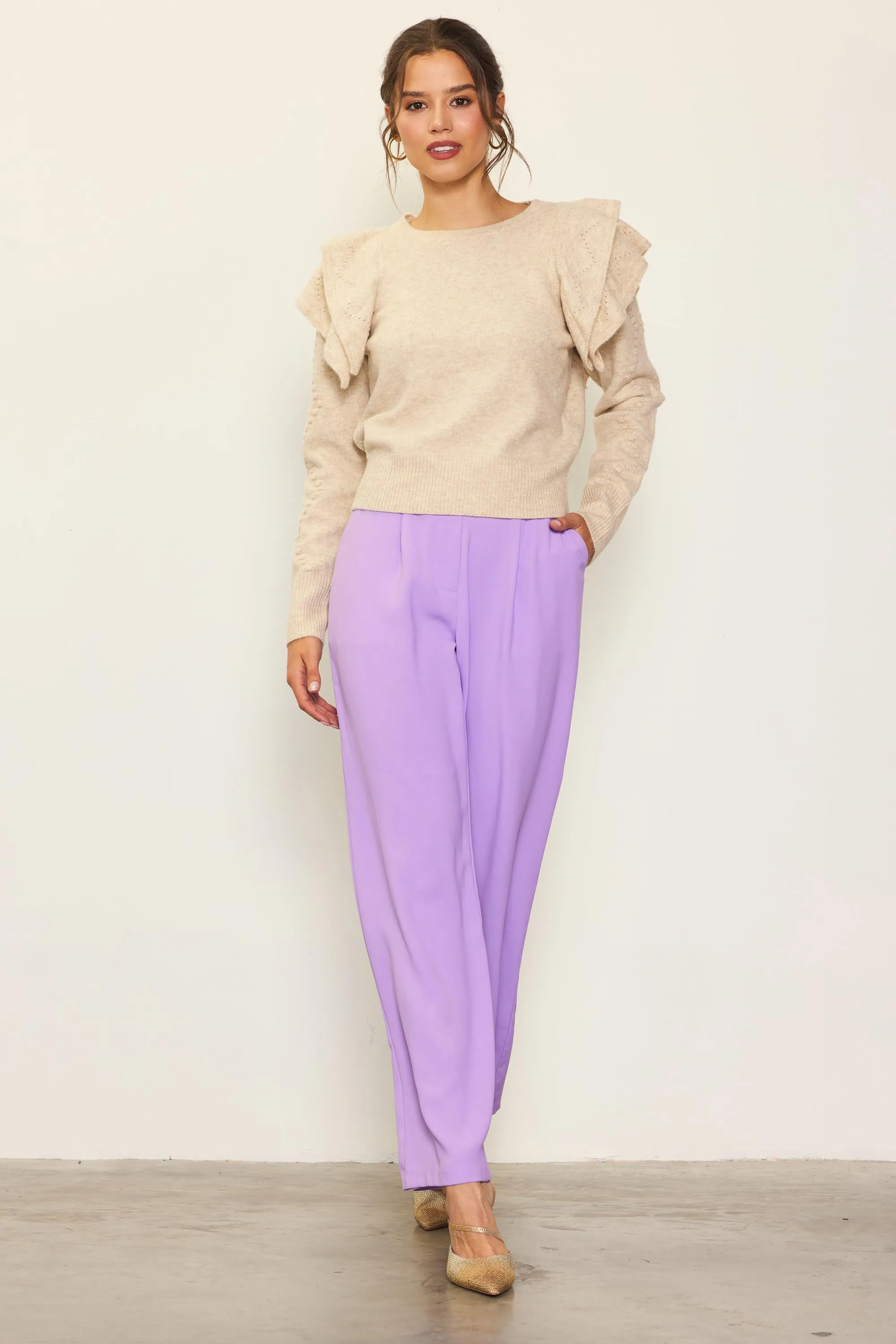 Pointelle-Knit Ruffle Sleeve Sweater