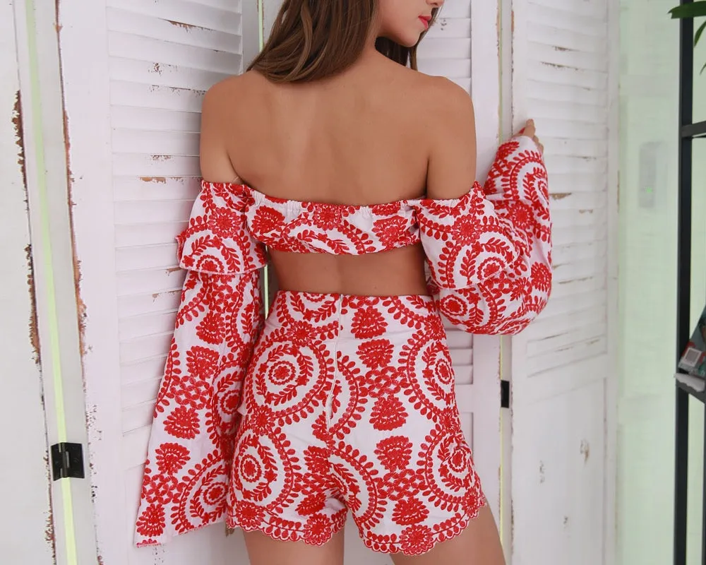 "Festive boho" 2 piece ruffle sleeve crop shorts set