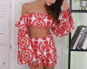 "Festive boho" 2 piece ruffle sleeve crop shorts set