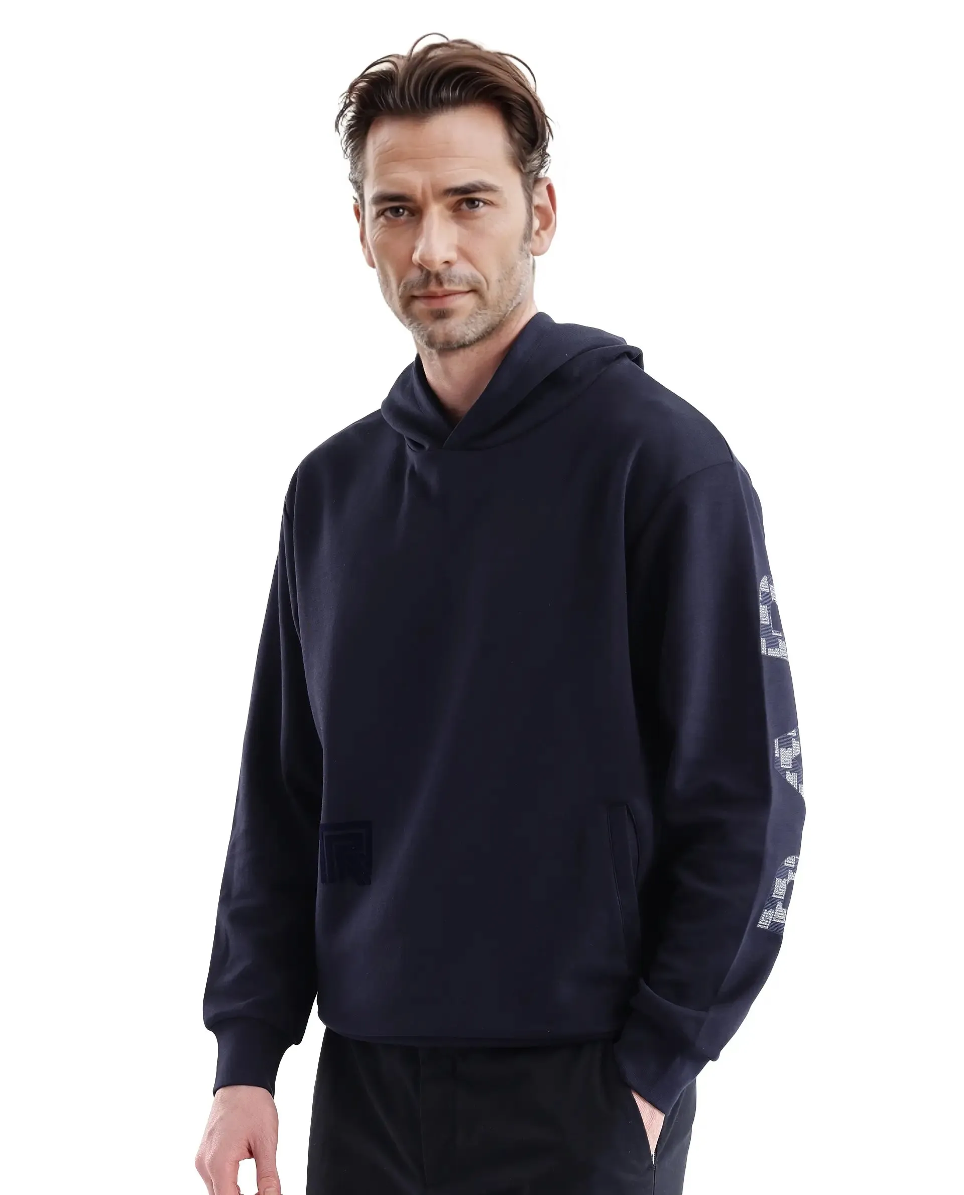 Rare Rabbit Men Lobo Navy Cotton Poly Fabric Full Sleeve Regular Fit Monogram with Typography Print Hooded Sweatshirt