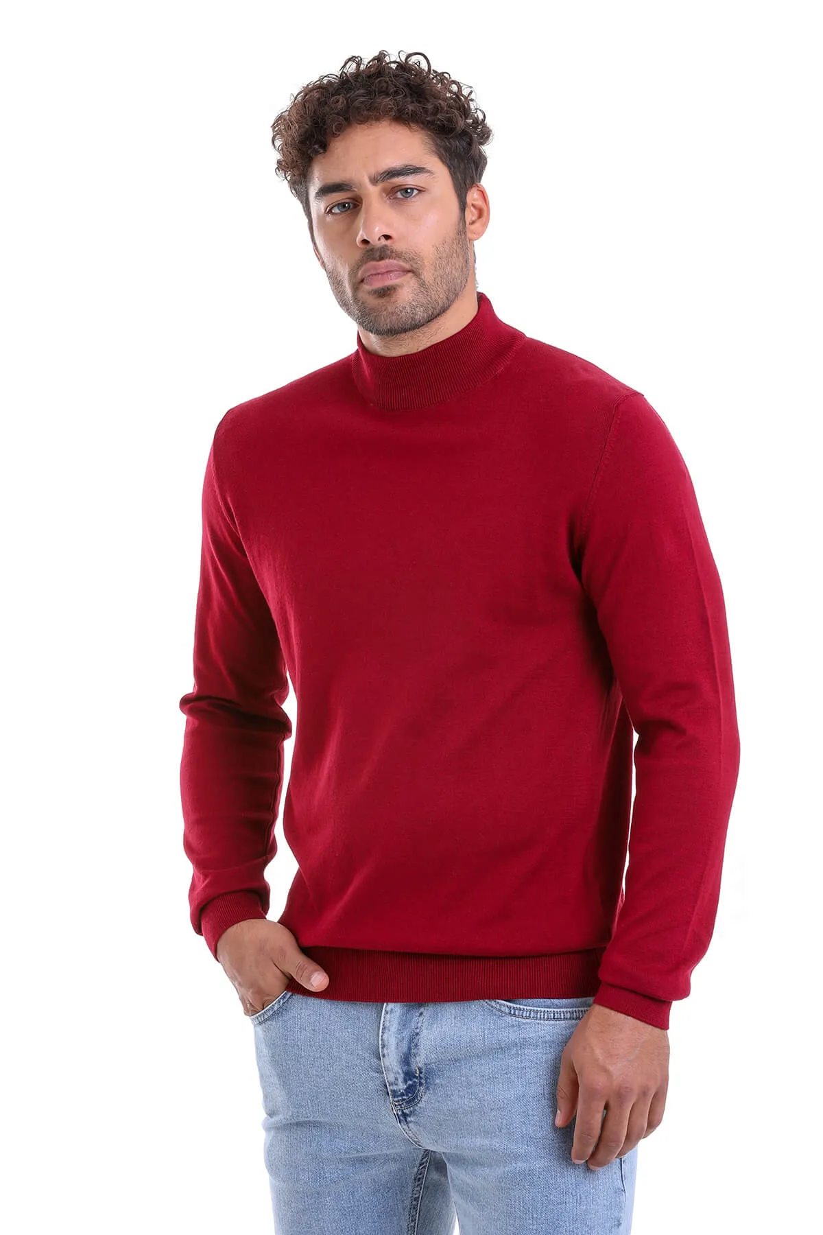 Regular Fit 100% Cotton Burgundy Mock Neck Sweater