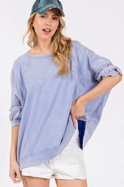 SAGE   FIG Mineral Washed Side Slit Round Neck Sweatshirt
