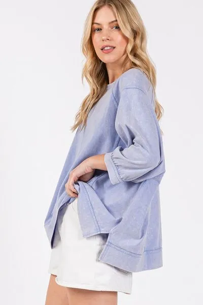 SAGE   FIG Mineral Washed Side Slit Round Neck Sweatshirt