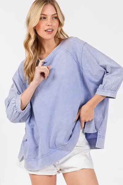 SAGE   FIG Mineral Washed Side Slit Round Neck Sweatshirt
