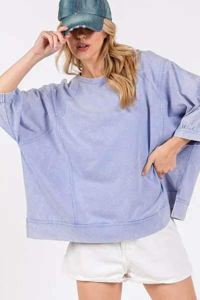 SAGE   FIG Mineral Washed Side Slit Round Neck Sweatshirt